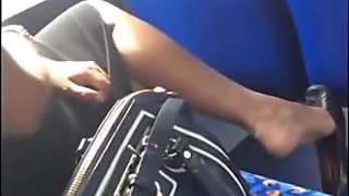 Candid Flats Dangling Shoeplay in Nylons on Train
